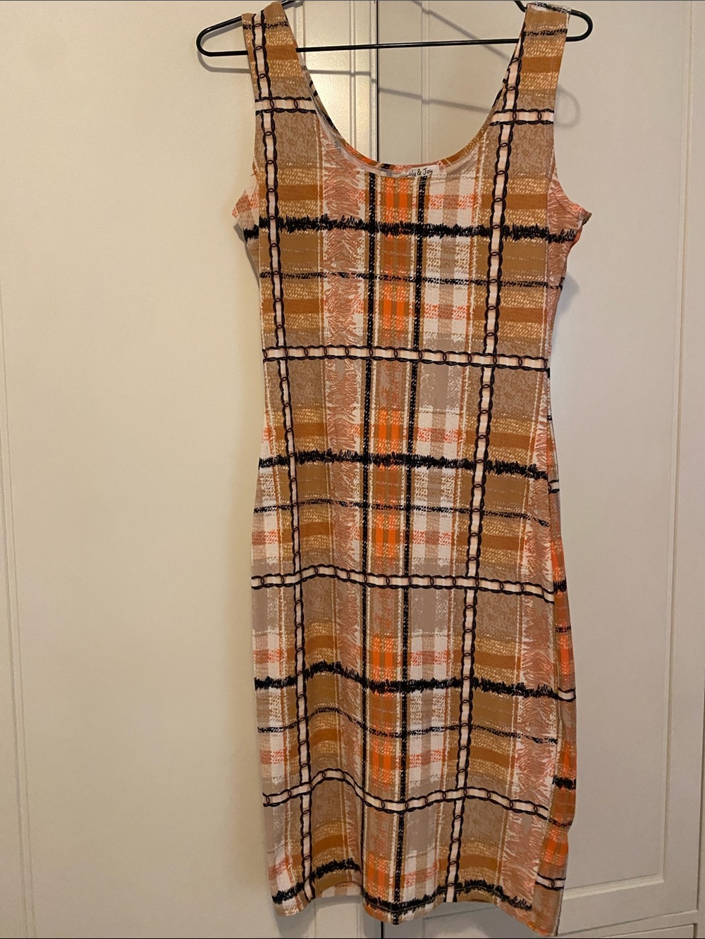 Sleeveless Plaid Mini Dress in Tan and Orange Sz M